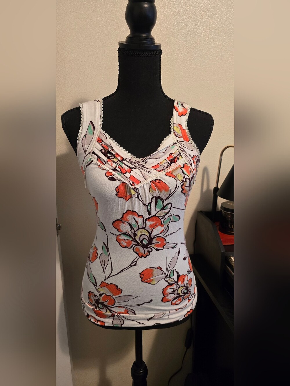 Floral Lace-Trim Tank Top in White with Orange & Mint Accents